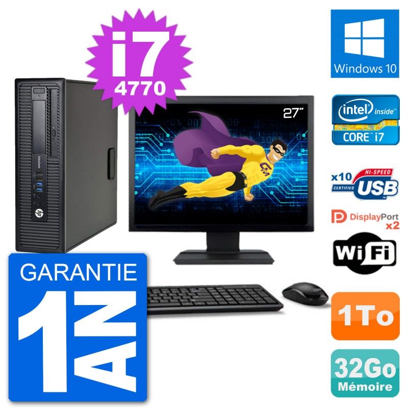 HP EliteDesk 800 G1 Desktop PC - 27" Screen, Intel Core i7-4770, 32GB RAM, 1TB HDD, Windows 10