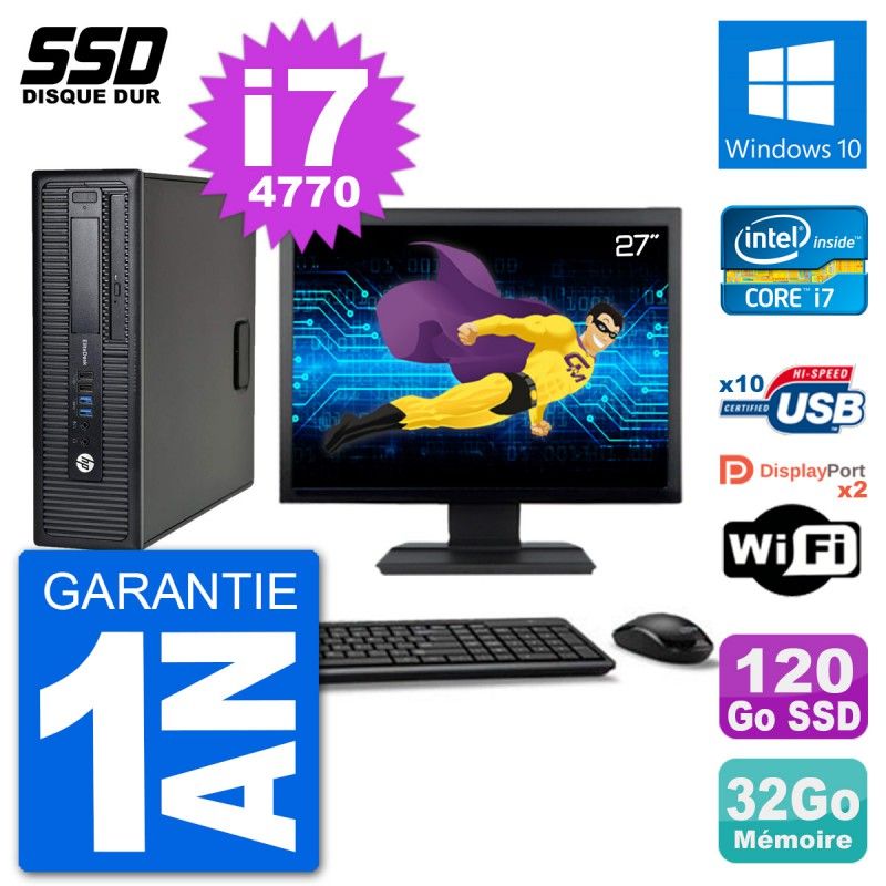HP EliteDesk 800 G1 Desktop PC - 27" Display, Core i7-4770, 32GB RAM, 120GB SSD, Windows 10, WiFi