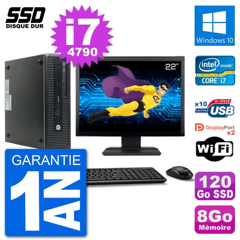 HP EliteDesk 800 G1 Desktop PC - 22" Screen, Core i7-4790, 8GB RAM, 120GB SSD, Windows 10, Wifi