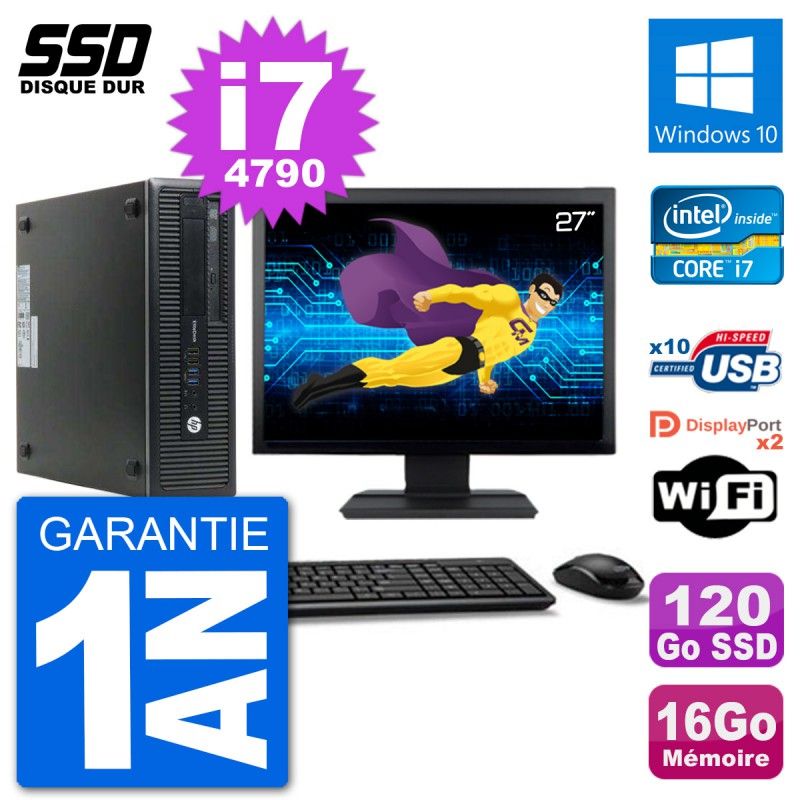 HP EliteDesk 800 G1 Desktop Computer - 27" Screen, Core i7-4790, 16GB RAM, 120GB SSD, Windows 10, WiFi