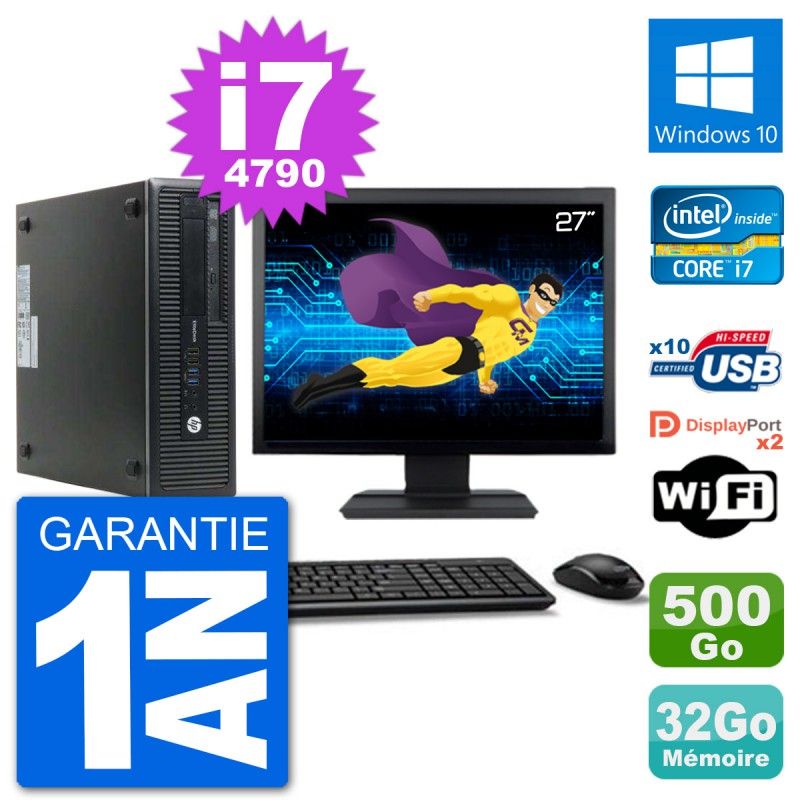 HP EliteDesk 800 G1 Desktop Computer, 27" Screen, Core i7-4790, 32GB RAM, 500GB HDD