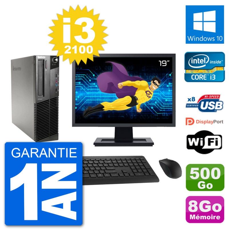 Lenovo M91p SFF Desktop Computer, 19" Screen, Intel i3-2100, 8GB RAM, 500GB HDD, Windows 10, WiFi