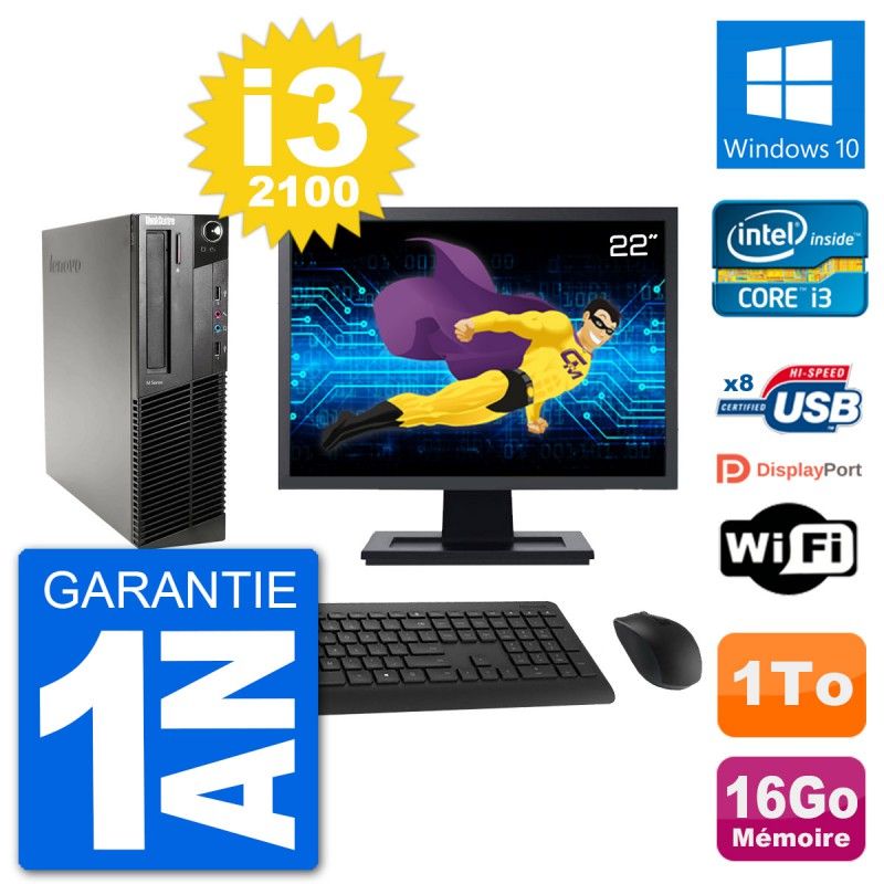 Lenovo M91p SFF Desktop Computer, 22" Screen, Intel i3-2100, 16GB RAM, 1TB HDD, Windows 10, WiFi