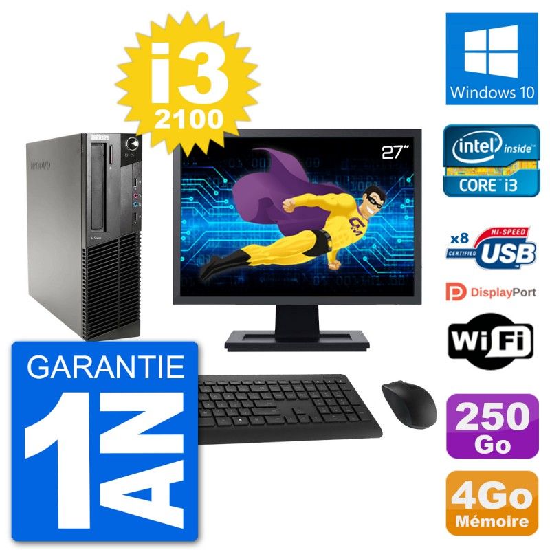 Lenovo M91p SFF Desktop Computer - 27" Screen, Intel i3-2100, 4GB RAM, 250GB HDD, Windows 10, WiFi