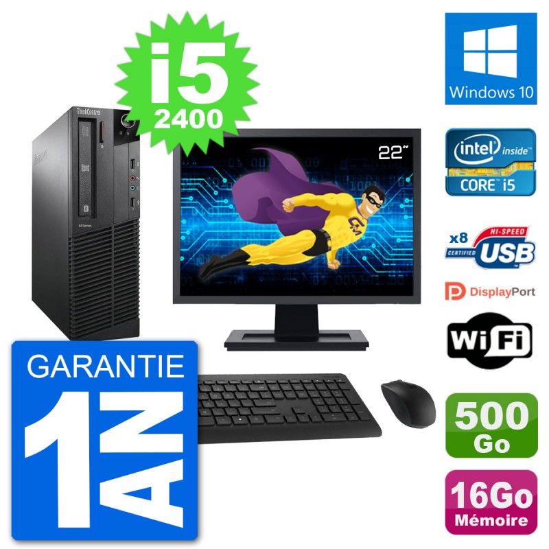 Lenovo M91p SFF Desktop Computer - 22" Screen, Intel i5-2400, 16GB RAM, 500GB HDD, Windows 10, WiFi