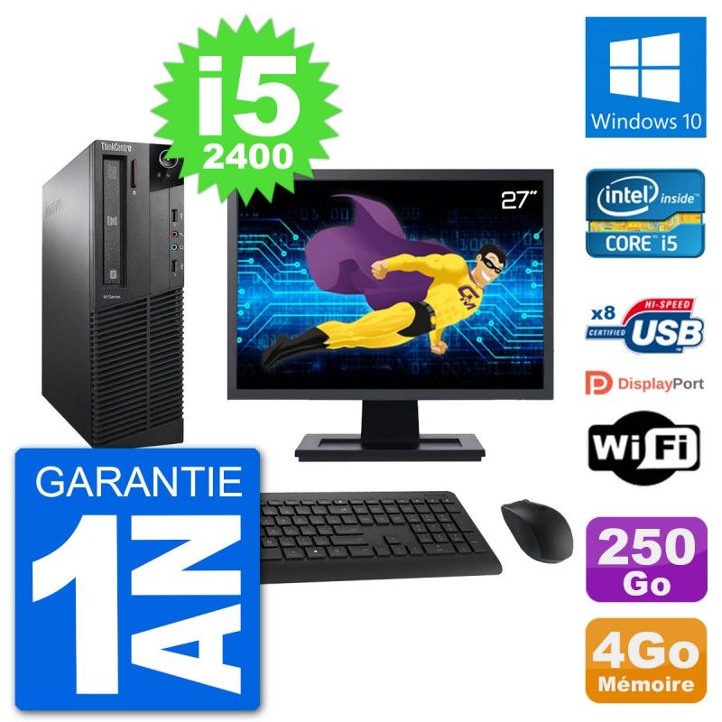 Lenovo M91p SFF Desktop Computer - 27" Screen, Intel i5-2400, 4GB RAM, 250GB SSD, Windows 10, WiFi