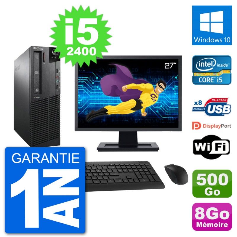 Lenovo M91p SFF Computer - 27" Screen, Intel i5-2400, 8GB RAM, 500GB HDD, Windows 10, WiFi