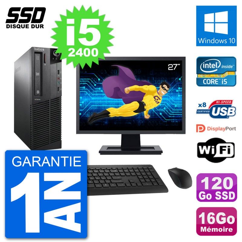 Lenovo M91p SFF Desktop Computer, 27" Screen, Intel i5-2400, 16GB RAM, 120GB SSD, Windows 10, WiFi