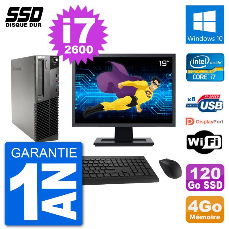Lenovo M91p SFF Desktop PC - 19" Screen, Intel i7-2600, 4GB RAM, 120GB SSD, Windows 10, WiFi