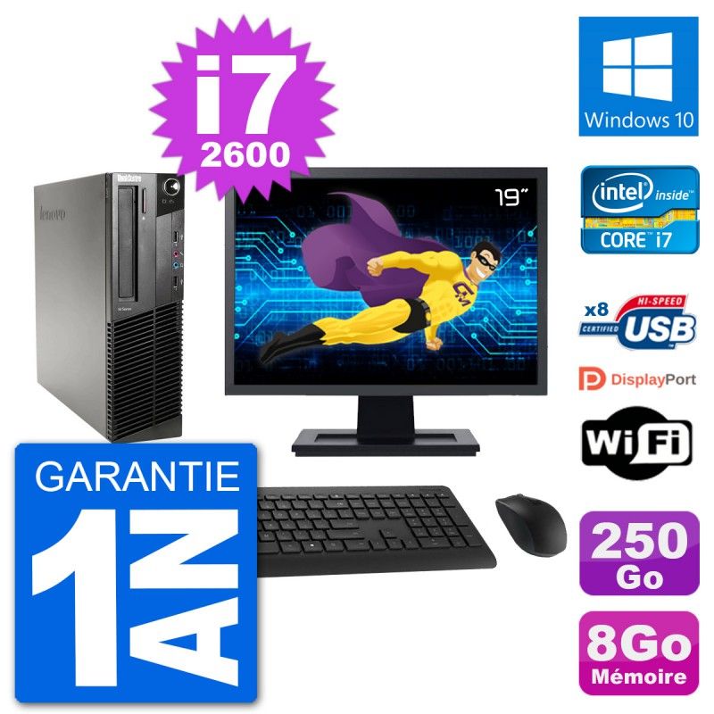 Lenovo M91p SFF Desktop PC - 19" Screen, Intel i7-2600, 8GB RAM, 250GB HDD, Windows 10, WiFi