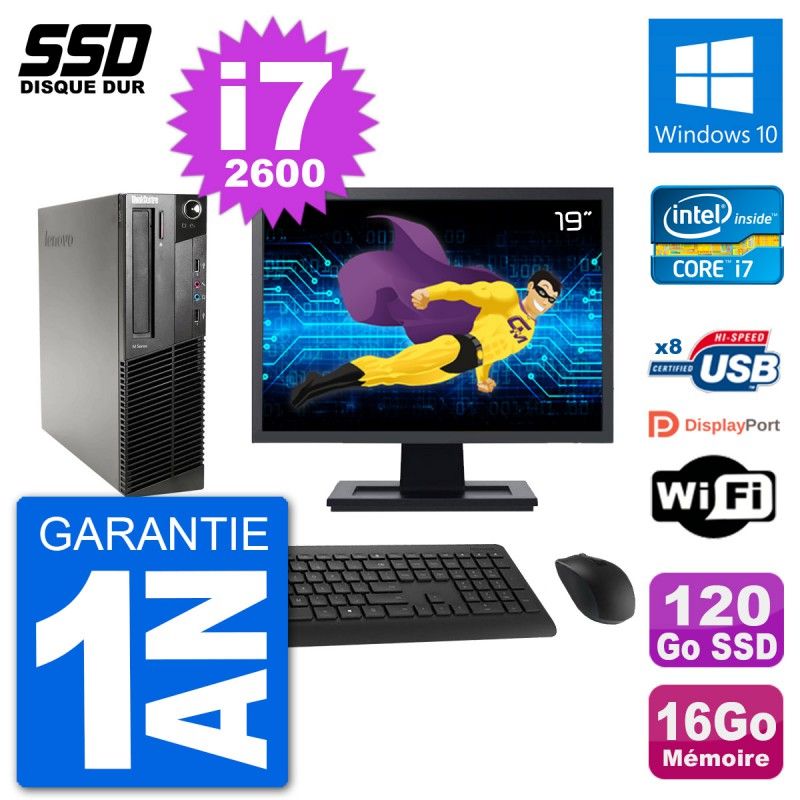 Lenovo M91p SFF Desktop Computer, 19" Screen, Intel i7-2600, 16GB RAM, 120GB SSD, Windows 10, WiFi