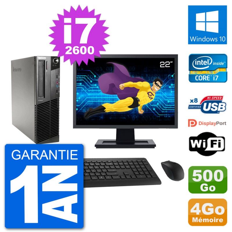Lenovo M91p SFF Desktop Computer, 22" Screen, Intel i7-2600, 4GB RAM, 500GB HDD, Windows 10, Wifi