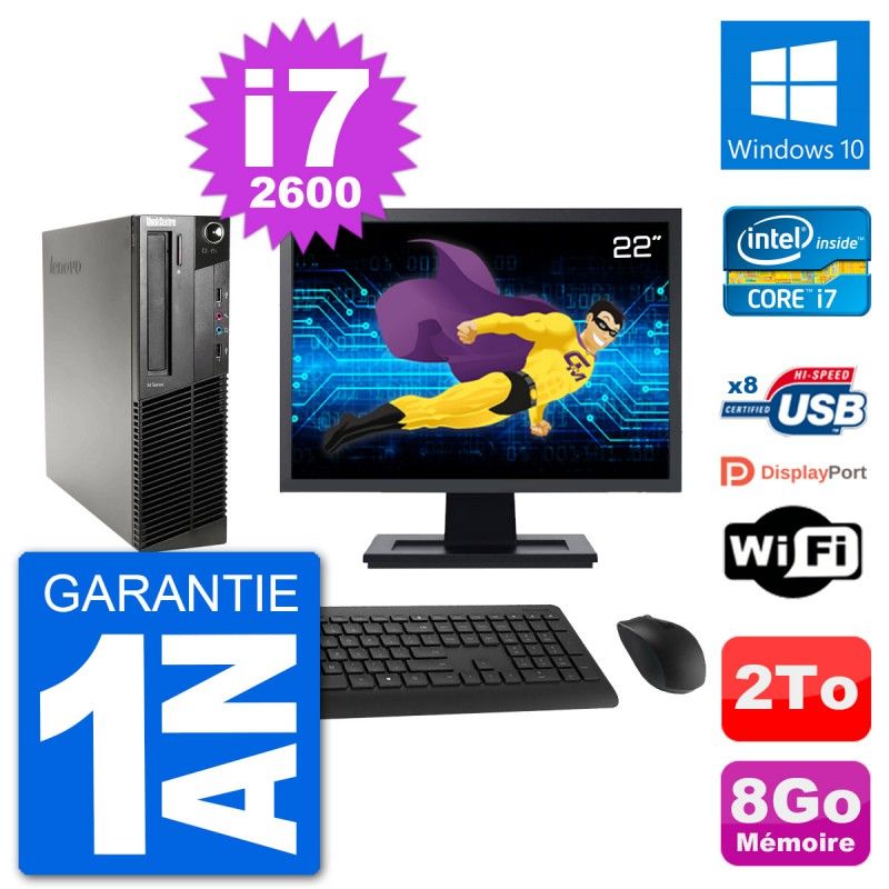 Lenovo M91p SFF Desktop Computer - 22" Screen, Intel i7-2600, 8GB RAM, 2TB HDD, Windows 10, WiFi