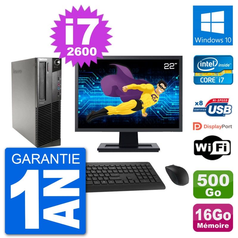 Lenovo M91p SFF Desktop Computer, 22" Screen, Intel i7-2600, 16GB RAM, 500GB HDD, Windows 10, WiFi