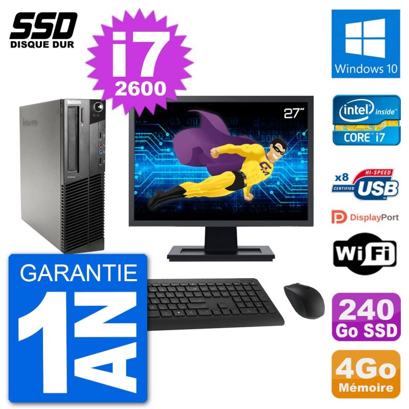 Lenovo M91p SFF Desktop Computer | 27" Screen | Intel i7-2600 | 4GB RAM | 240GB SSD | Windows 10