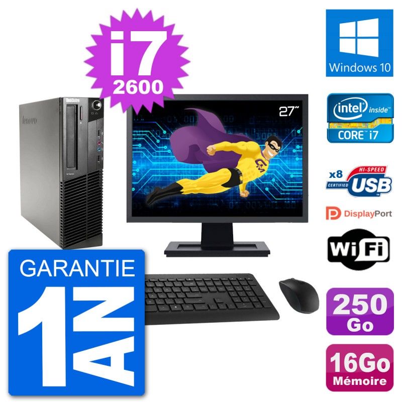 Lenovo M91p SFF Desktop Computer - 27" Screen, Intel i7-2600, 16GB RAM, 250GB SSD, Windows 10, Wifi