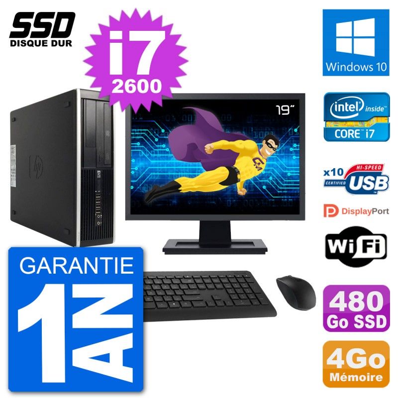 Ordinateur HP 8200 Elite SFF - Écran 19'', Intel i7-2600, 4 Go de RAM, 480 Go SSD, Windows 10, Wifi
