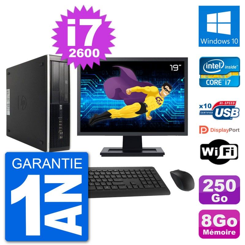 Ordinateur de bureau HP 8200 Elite SFF - Écran 19'', Intel i7-2600, 8 Go RAM, Disque dur 250 Go, Windows 10, Wifi