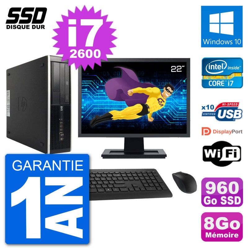 PC HP 8200 Elite SFF - Pantalla de 22", Intel i7-2600, 8 GB RAM, 960 GB SSD, Windows 10, WiFi