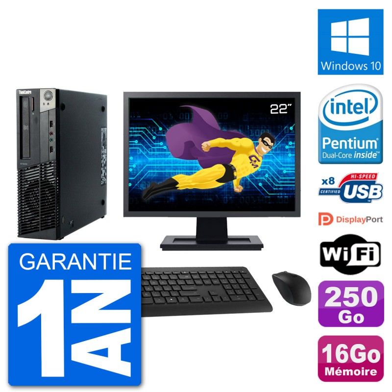 Lenovo M92p SFF Desktop Computer, 22" Screen, Intel G630, 16GB RAM, 250GB HDD, Windows 10, WiFi