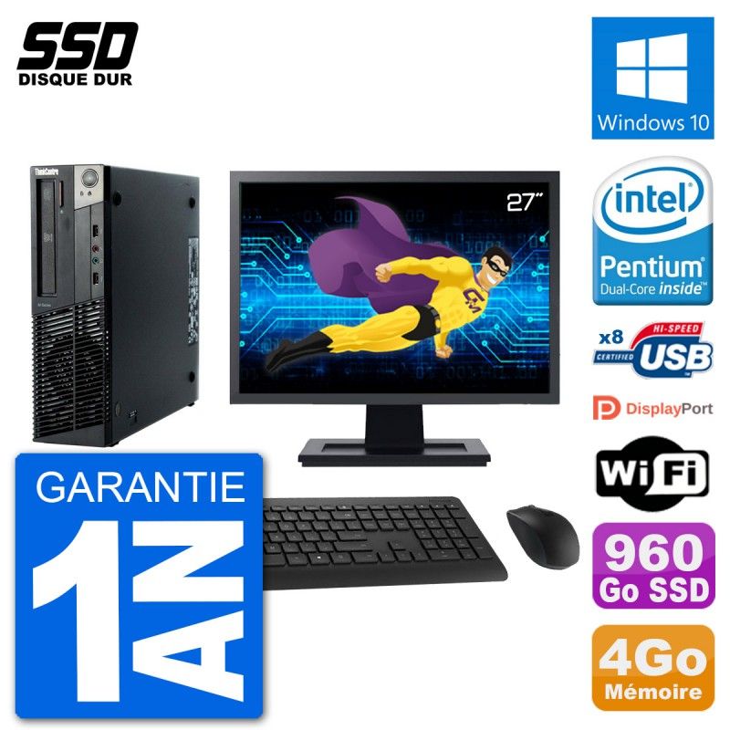 Lenovo M92p SFF Desktop Computer - 27" Screen, Intel G630, 4GB RAM, 960GB SSD, Windows 10, WiFi