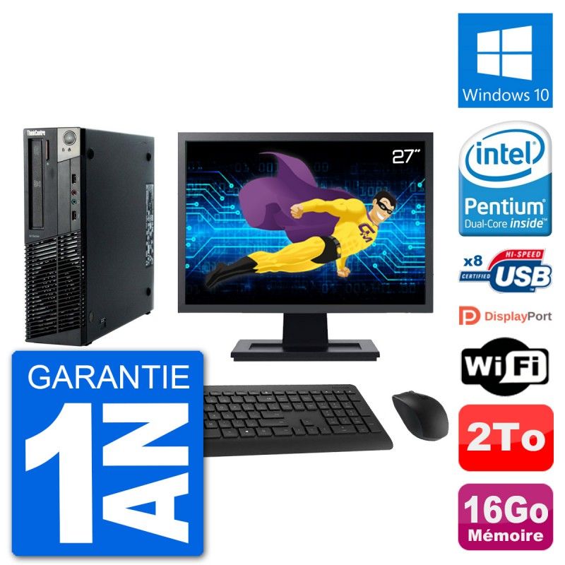 Lenovo M92p SFF Desktop Computer, 27" Screen, Intel G630, 16GB RAM, 2TB HDD, WiFi, Windows 10