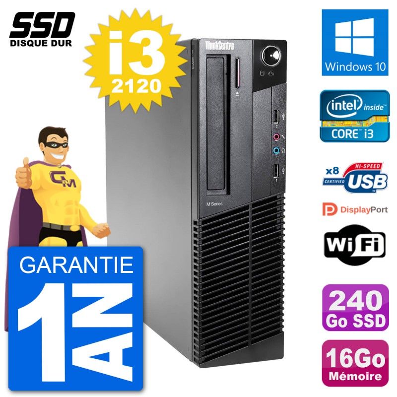 Ordinateur de bureau Lenovo ThinkCentre M92p SFF - Intel Core i3-2120, 16 Go de RAM, 240 Go SSD, Windows 10, Wi-Fi