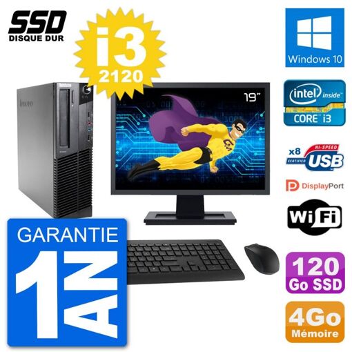 Lenovo M92p SFF Desktop Computer, 19" Screen, Intel i3-2120, 4GB RAM, 120GB SSD, Windows 10, WiFi