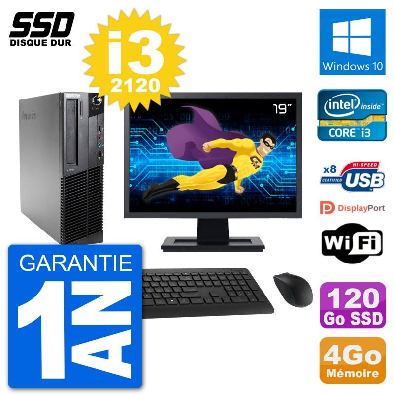 Lenovo M92p SFF Desktop Computer, 19" Screen, Intel i3-2120, 4GB RAM, 120GB SSD, Windows 10, WiFi