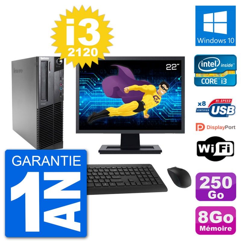 Lenovo M92p SFF Desktop Computer - 22" Screen, Intel i3-2120, 8GB RAM, 250GB SSD, Windows 10, WiFi