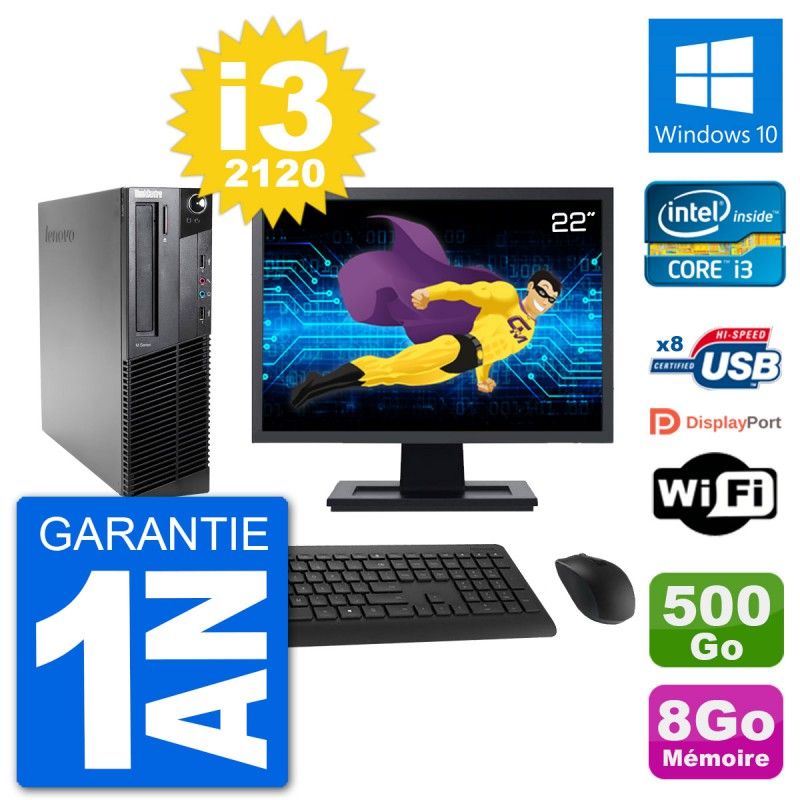 Lenovo M92p SFF Desktop PC - 22" Screen, Intel i3-2120, 8GB RAM, 500GB HDD, Windows 10, WiFi