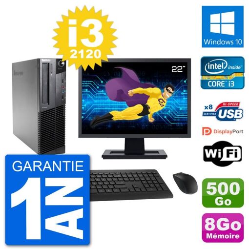 Lenovo M92p SFF Desktop PC - 22" Screen, Intel i3-2120, 8GB RAM, 500GB HDD, Windows 10, WiFi