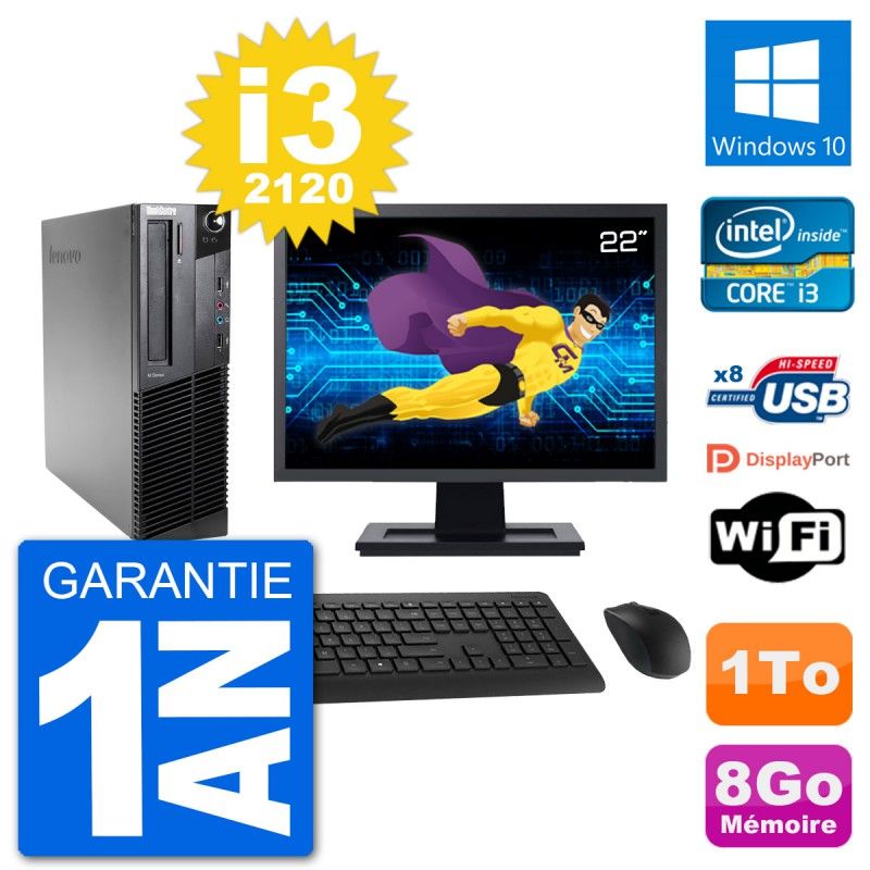 Lenovo M92p SFF Desktop Computer, 22" Screen, Intel i3-2120, 8GB RAM, 1TB HDD, Windows 10, WiFi