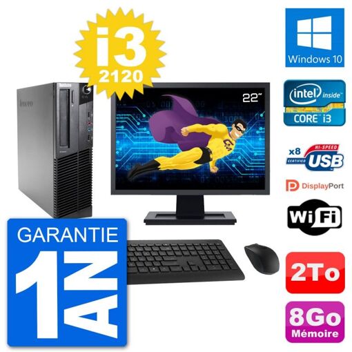 Lenovo M92p SFF Desktop Computer, 22" Screen, Intel i3-2120, 8GB RAM, 2TB Hard Drive, Windows 10, WiFi