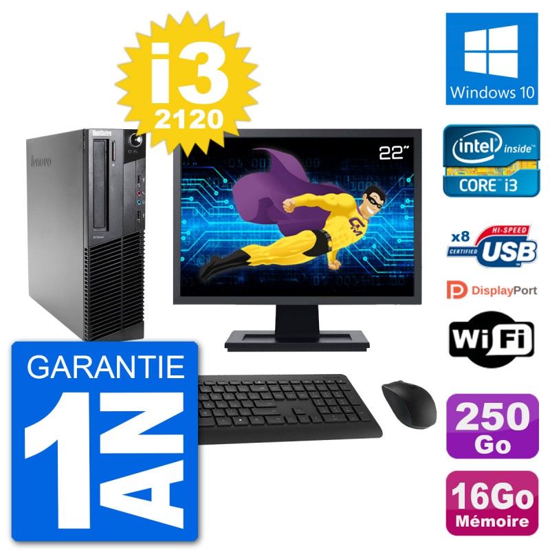 Lenovo M92p SFF Desktop Computer | 22" Screen | Intel i3-2120 | 16GB RAM | 250GB SSD | Windows 10 | WiFi