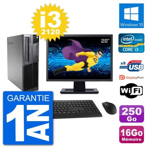 Lenovo M92p SFF Desktop Computer | 22" Screen | Intel i3-2120 | 16GB RAM | 250GB SSD | Windows 10 | WiFi