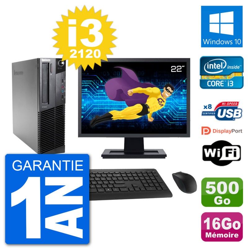 Lenovo M92p SFF Desktop Computer, 22" Screen, Intel i3-2120, 16GB RAM, 500GB HDD, Windows 10, Wifi