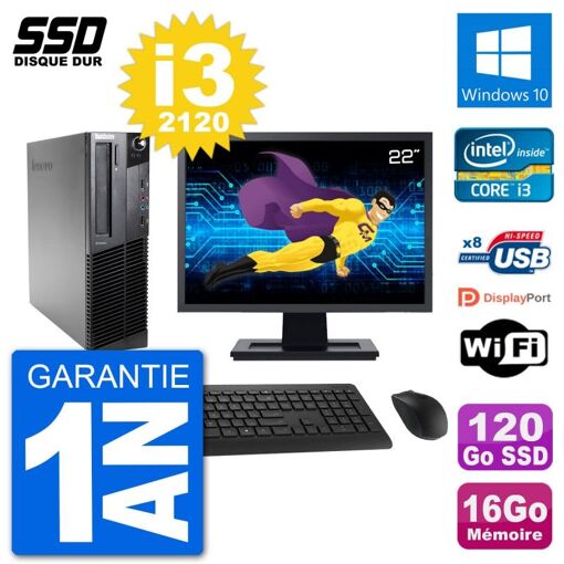 Lenovo M92p SFF Desktop Computer, 22" Screen, Intel i3-2120, 16GB RAM, 120GB SSD, Windows 10, WiFi