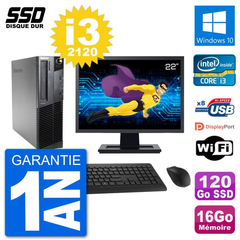 Lenovo M92p SFF Desktop Computer, 22" Screen, Intel i3-2120, 16GB RAM, 120GB SSD, Windows 10, WiFi
