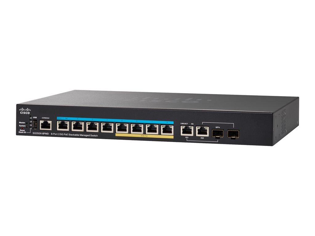Cisco SG350X-8PMD - Managed Switch - 8 x 10/100/1000/2.5G PoE+ Ports + 2 x 10 Gigabit Ethernet SFP+ - Rack-mount - 240W PoE