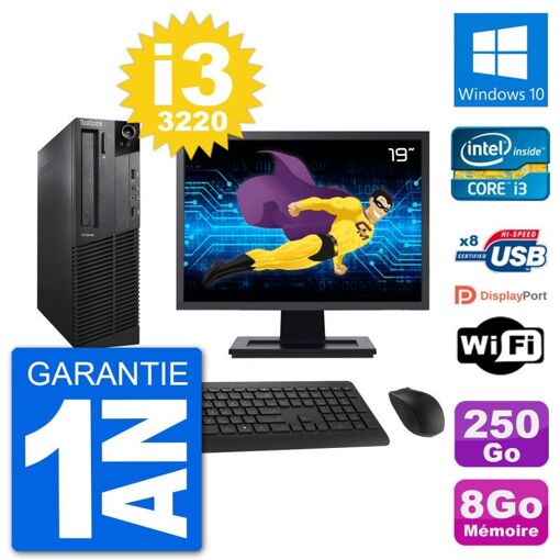 Lenovo M92p SFF Desktop Computer, 19" Screen, Intel i3-3220, 8GB RAM, 250GB HDD, Windows 10, WiFi
