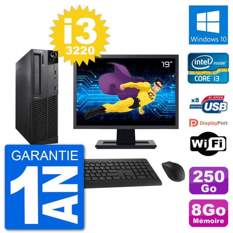 Lenovo M92p SFF Desktop Computer, 19" Screen, Intel i3-3220, 8GB RAM, 250GB HDD, Windows 10, WiFi