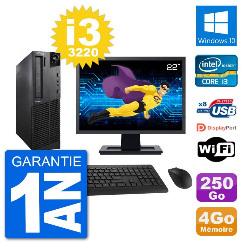 Lenovo M92p SFF PC - 22" Screen, Intel i3-3220, 4GB RAM, 250GB HDD, Windows 10, WiFi