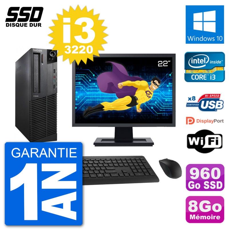Lenovo M92p SFF Computer - 22" Screen, Intel i3-3220, 8GB RAM, 960GB SSD, Windows 10, Wifi