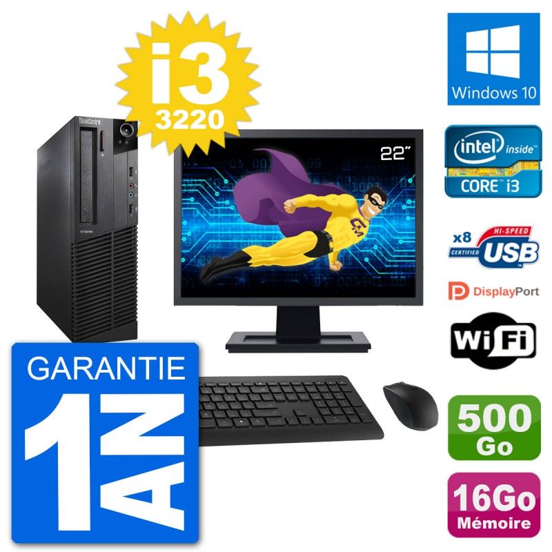 Lenovo M92p SFF Desktop Computer - 22" Screen, Intel i3-3220, 16GB RAM, 500GB HDD, Windows 10, WiFi