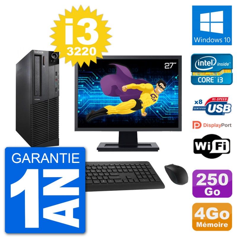 Lenovo M92p SFF Desktop Computer, 27" Screen, Intel i3-3220, 4GB RAM, 250GB HDD, Windows 10, WiFi
