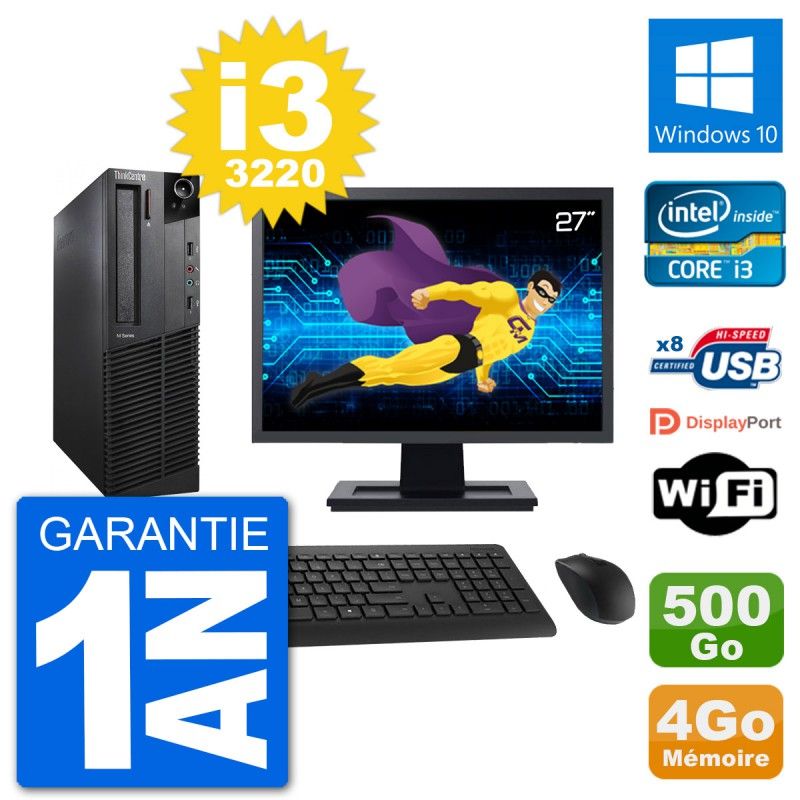 Lenovo M92p SFF Desktop Computer, 27" Screen, Intel i3-3220, 4GB RAM, 500GB HDD, Windows 10, Wifi