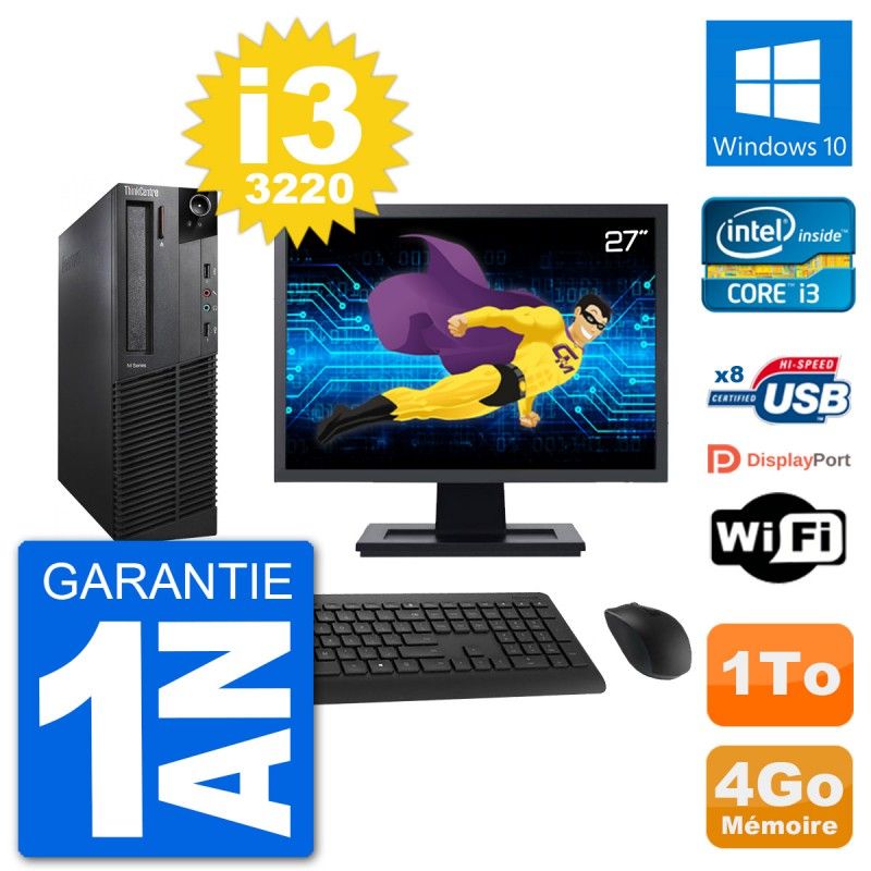 Lenovo M92p SFF Desktop Computer - 27" Screen, Intel i3-3220, 4GB RAM, 1TB HDD, Windows 10, WiFi
