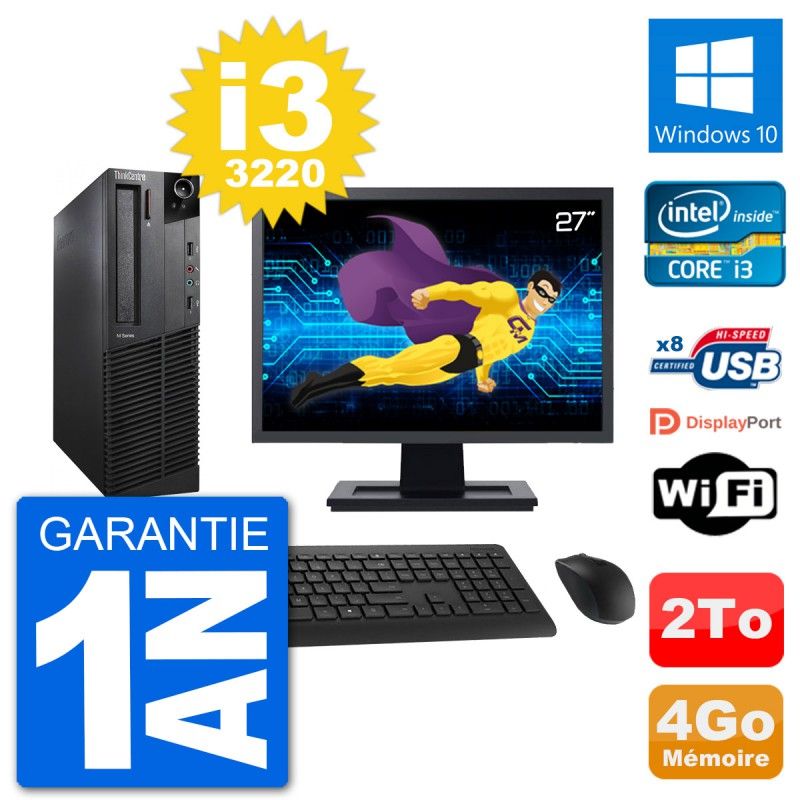 Lenovo M92p SFF Computer - 27" Screen, Intel i3-3220, 4GB RAM, 2TB HDD, Windows 10, WiFi