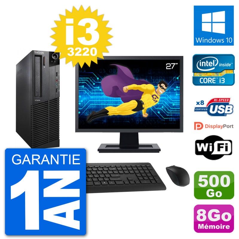Lenovo M92p SFF Desktop Computer, 27" Screen, Intel i3-3220, 8GB RAM, 500GB HDD, Windows 10, WiFi